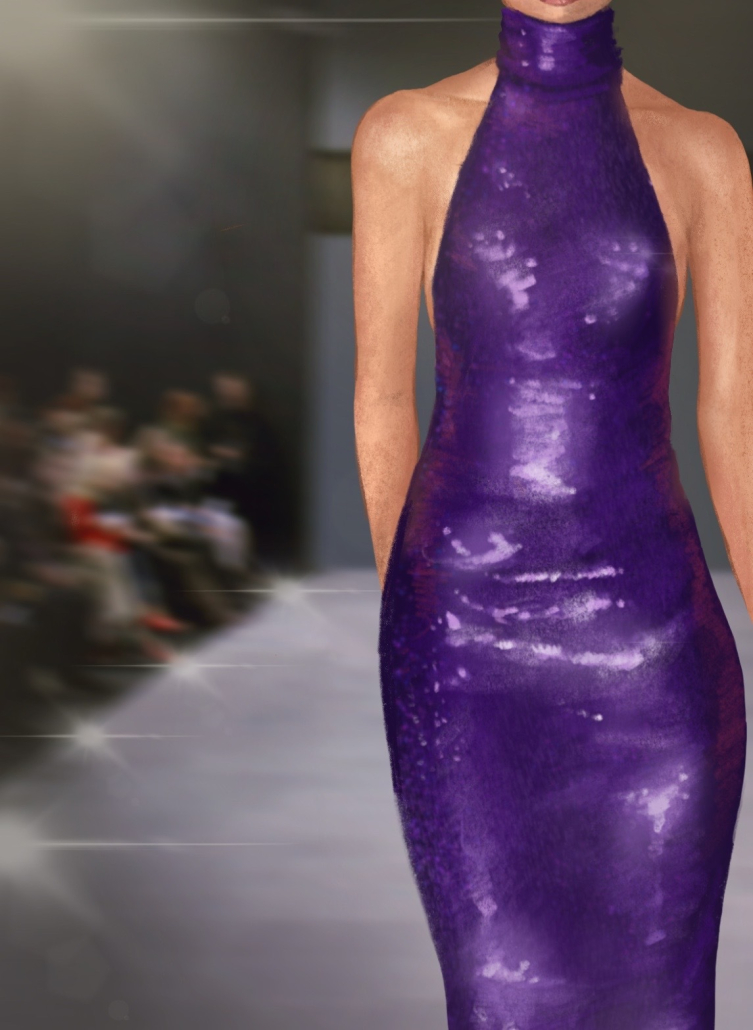 Drawing of purple dress from LaQuan Smith's spring 2023 show at New York Fashion Week