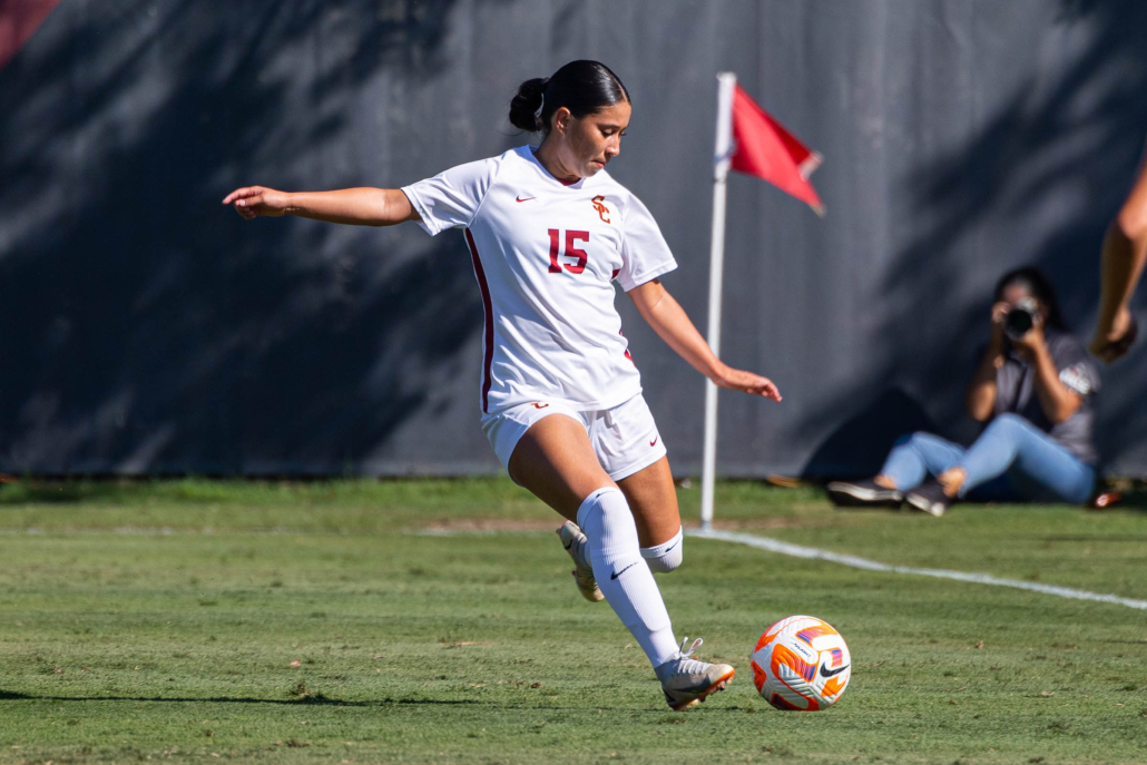 Junior midfielder Alexa Gonzalez rears back to kick a ball in the Trojans' game against UCI. 