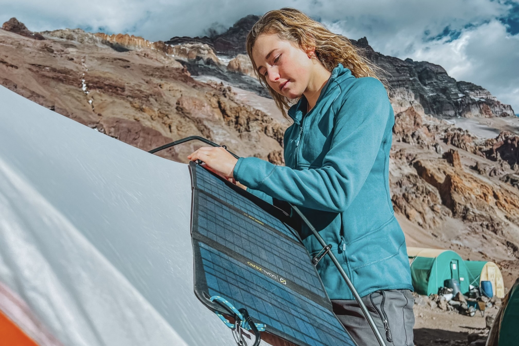 Westlake sets up a solar charger on Aconcagua in the Andes mountain range this January.