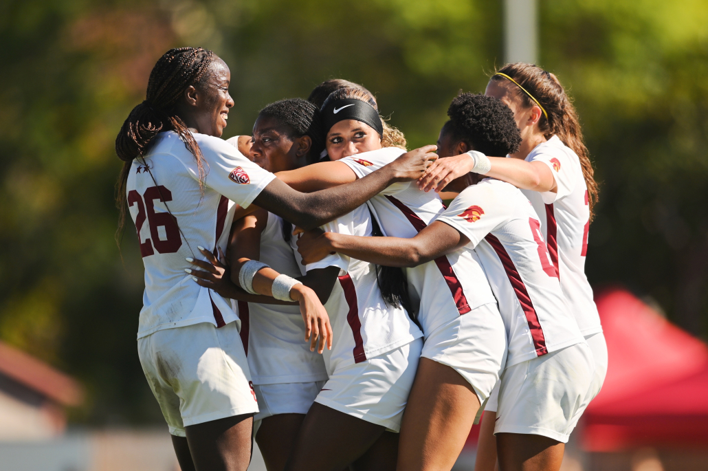 USC soccer celebrates after a win.