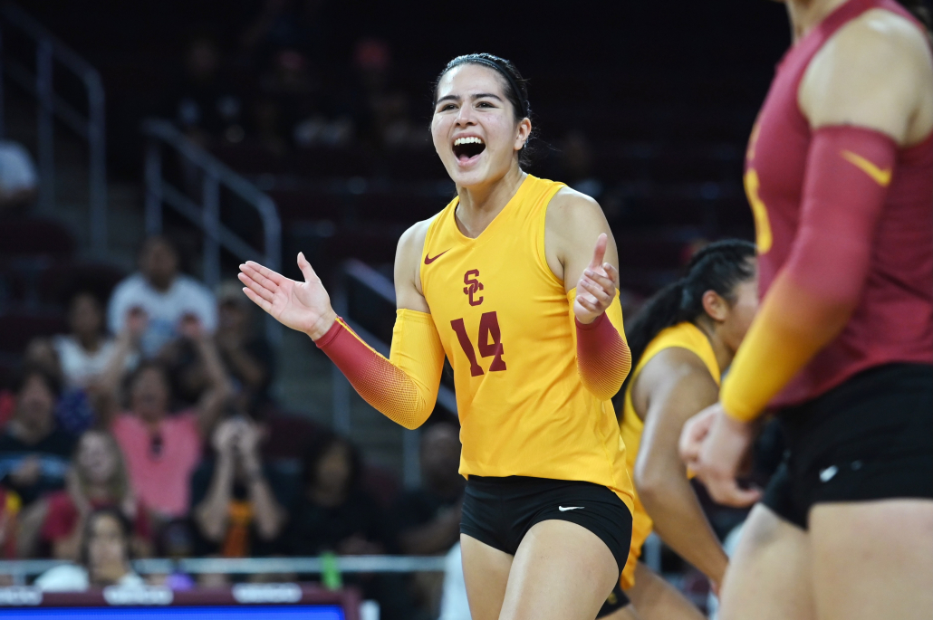 Keila Barra celebrates after a successful point for the Trojans.