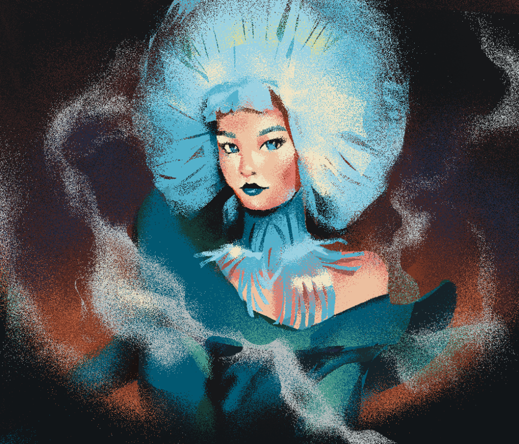 Stylized drawing of Björk in blue outfit and wig.