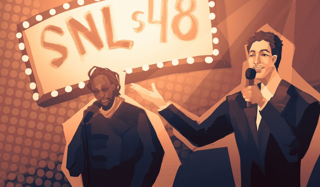 Drawing of Miles Teller and Kendrick Lamar in front of stylized SNL S48 lights.