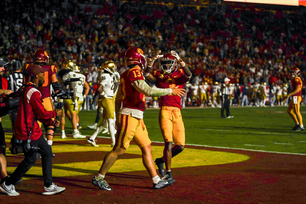Caleb Williams and Jordan Addison celebrate during the Trojans' win over Notre Dame.