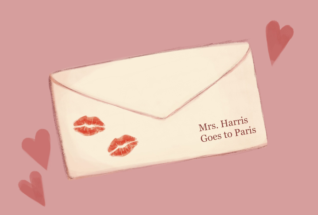 A letter addressed to the movie "Mrs. Harris Goes to Paris" with lipstick kisses.