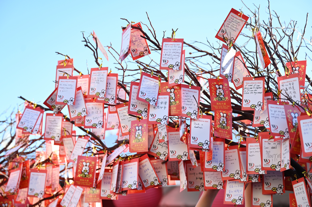 Wishes are written on red envelopes that hang from a tree.