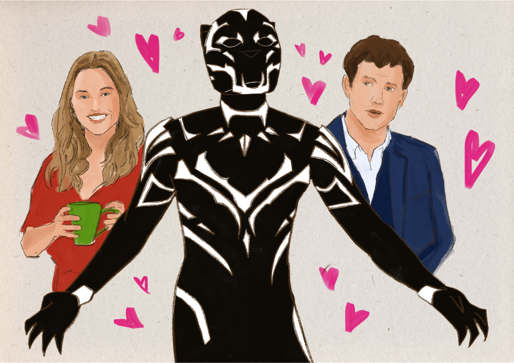 Drawing of Reese Witherspoon, Black Panther and Ashton Kutcher (left to right).