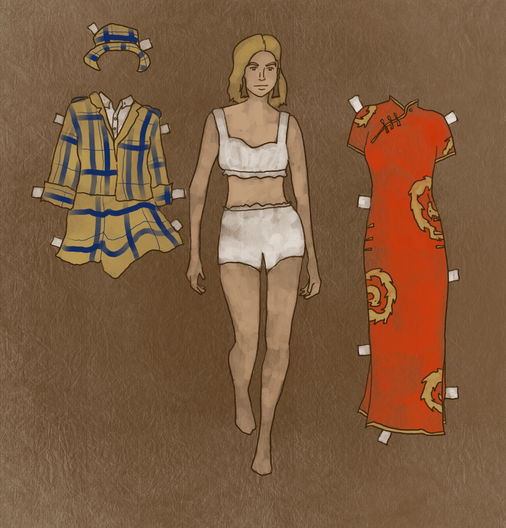 A paper doll with two outfits at her side.