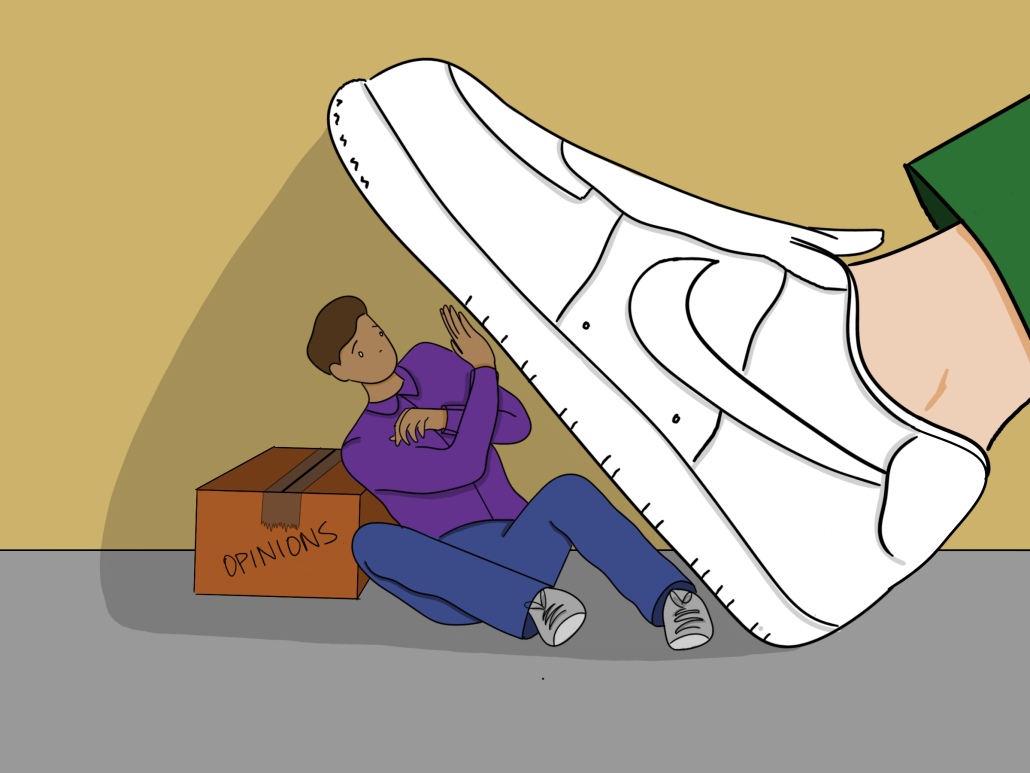 An illustration of a shoe stepping ona  person sitting next to a box labeled "opinions."