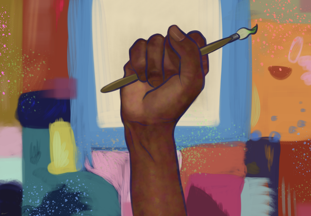 artwork of a Black hand holding a paintbrush