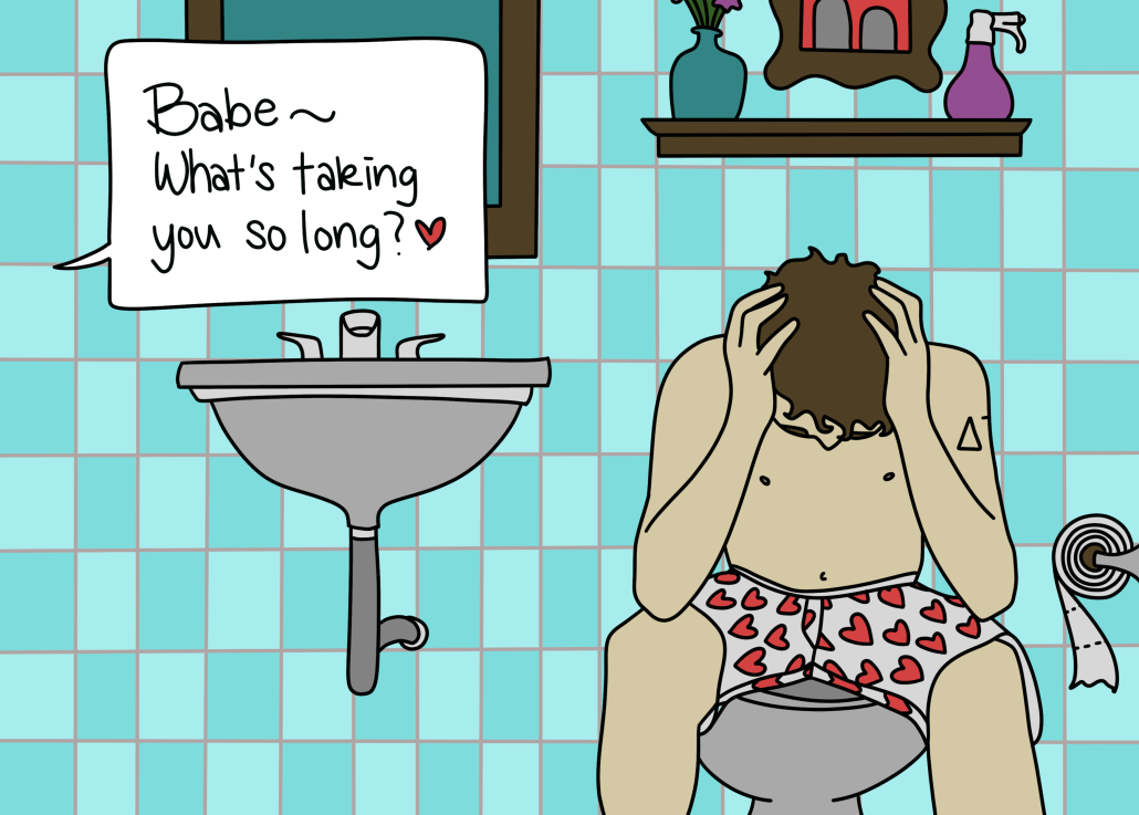 art of a distraught man in the bathroom while his girlfriend calls from outside "Babe-What's taking you so long?"