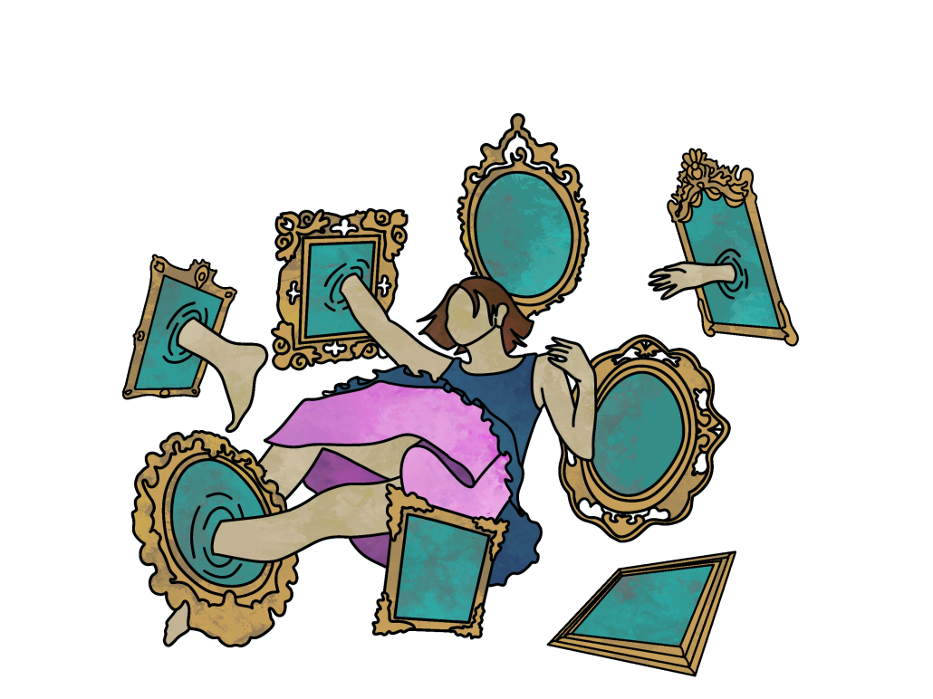 An illustration of a girl with limbs sticking through various mirrors. 