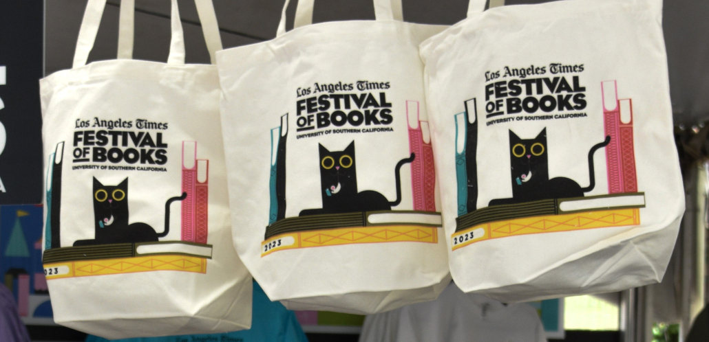LA Times Festival of Books branded tote bags hang