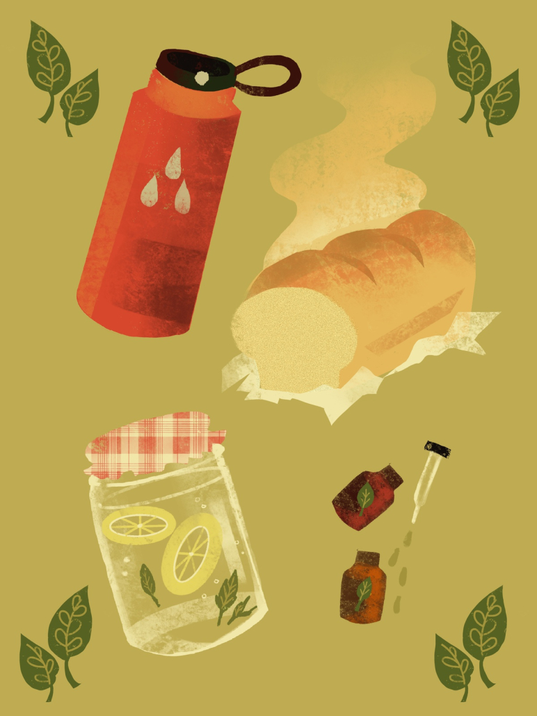 Cartoon bread, pickle jar, and water flask
