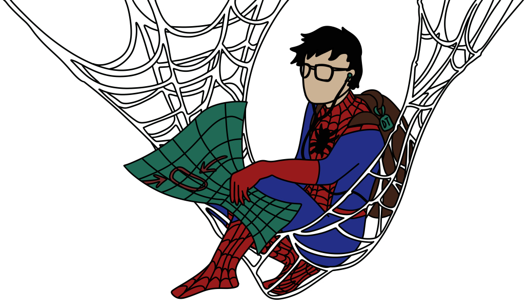 Columnist Man Truong in a Spiderman costume holding a map while sitting in a spiderweb