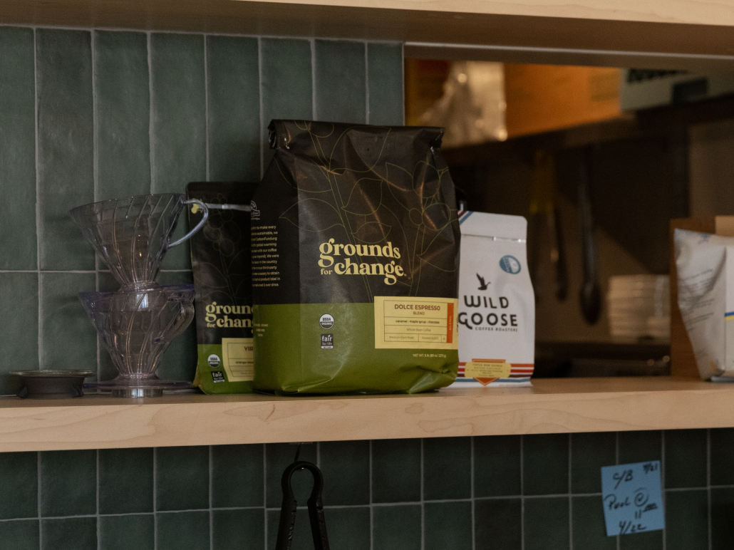 Photo shows different coffee packagings used at Kind Grounds.