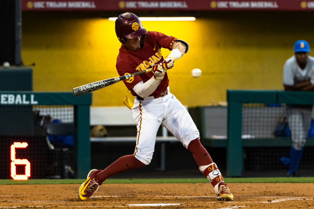 USC baseball player is preparing to his the ball with his bat