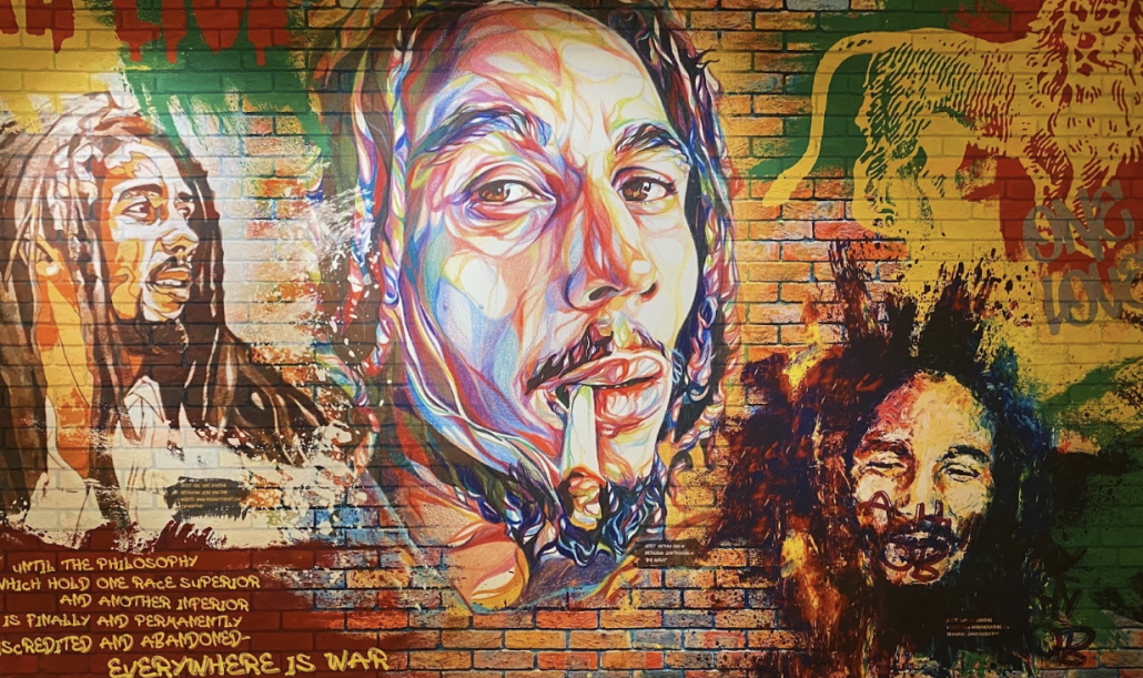 Mural of Bob Marley smoking a blunt.