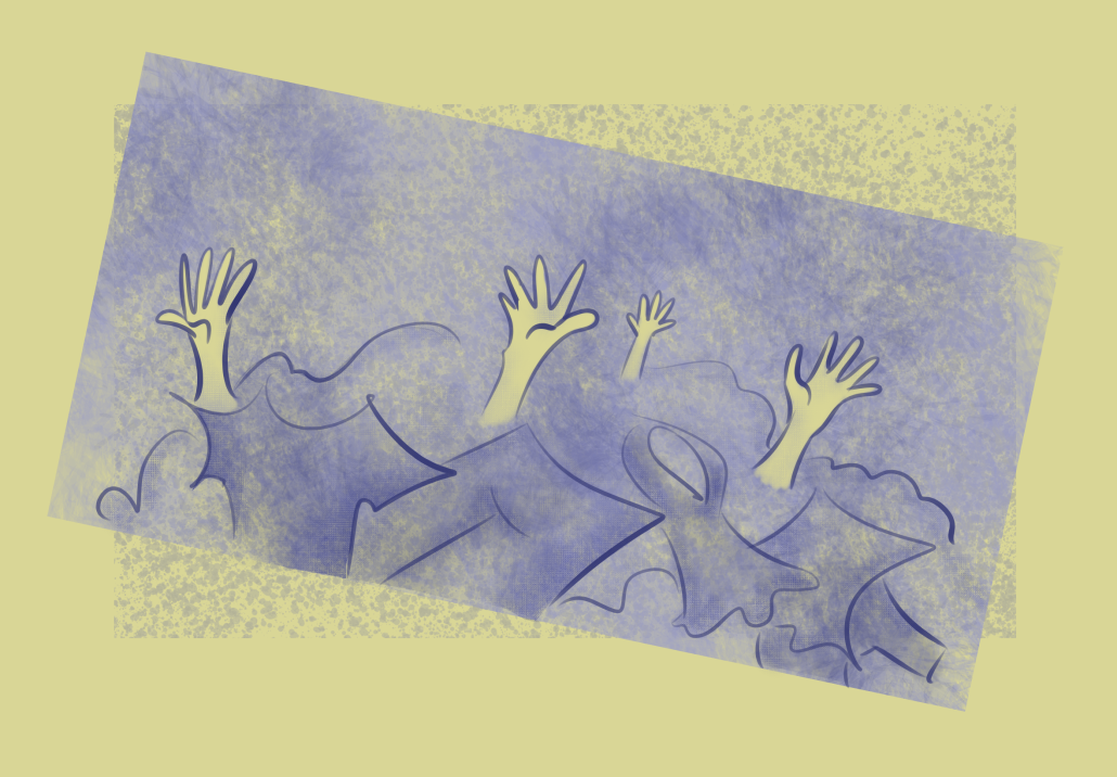 Illustration of hands reaching out of a choppy blue sea against a yellow-beige background