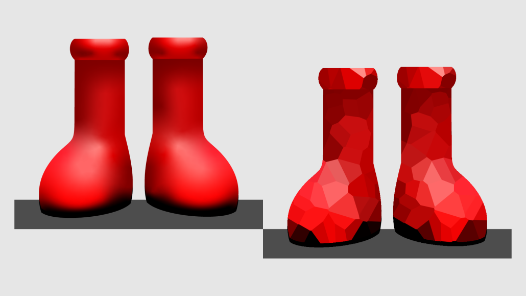 Graphic of MSCHF's Big Red Boots and a pixelated version on the right