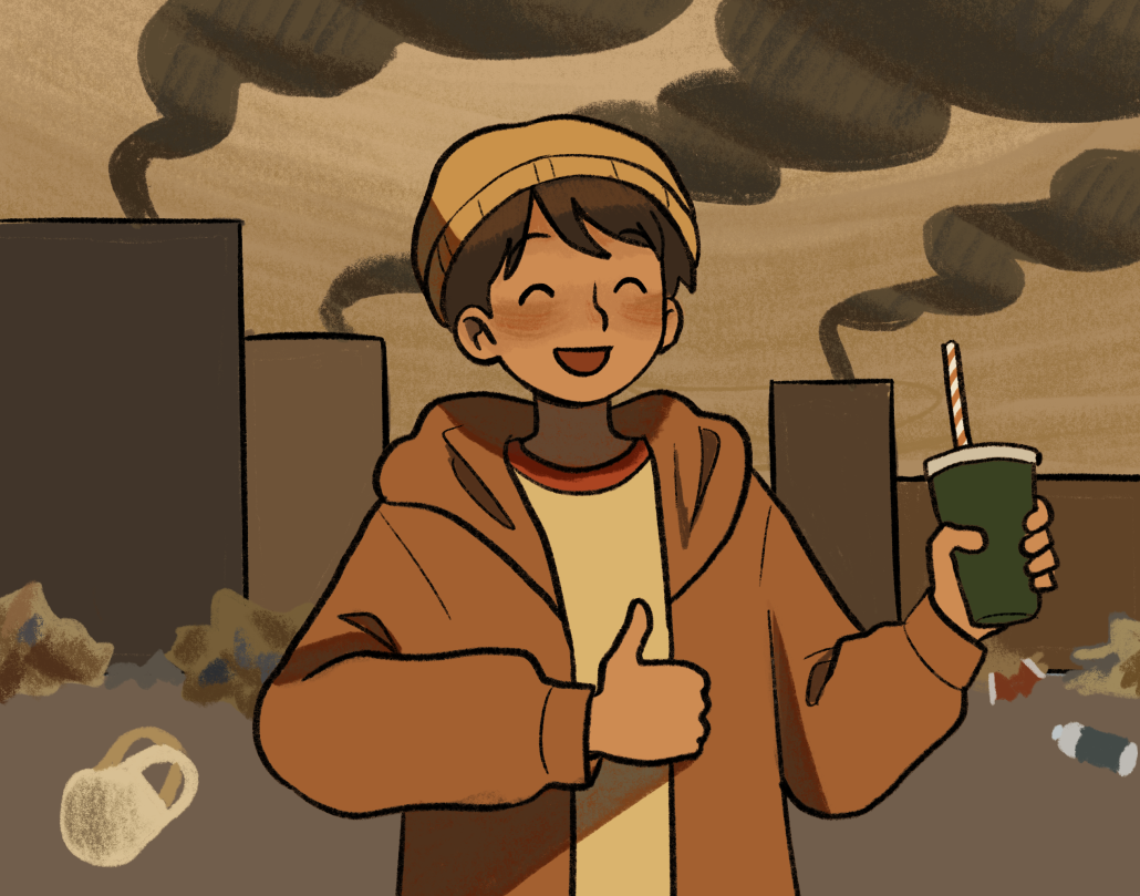 A person smiling with a drink using a paper straw with their thumb up. In the background smog fills the sky and trash is littered all over the street