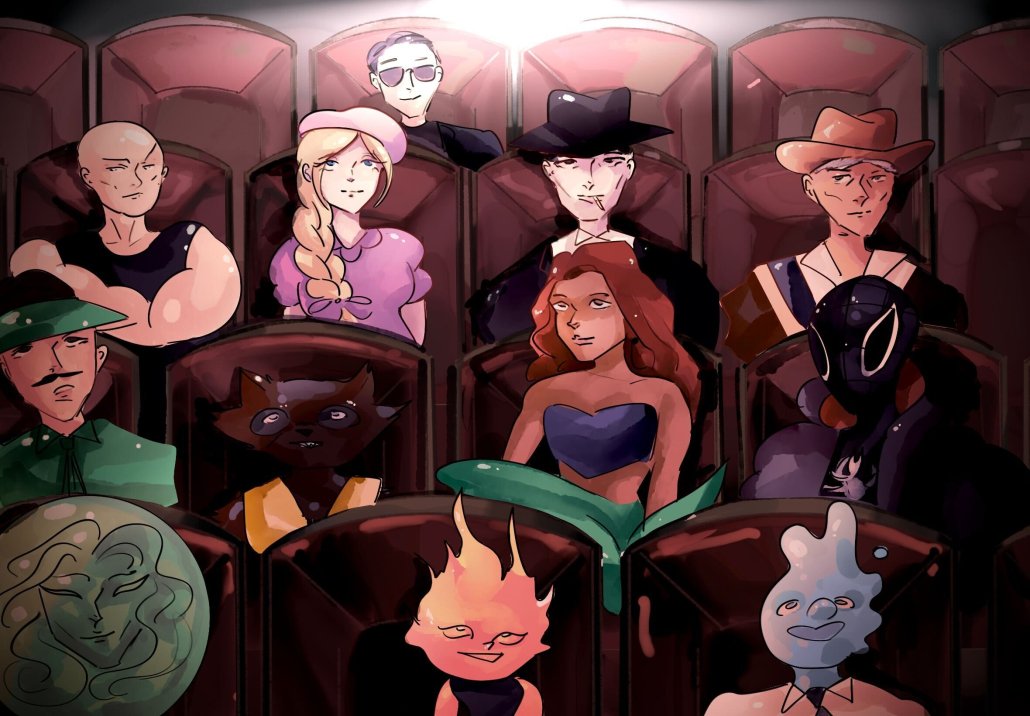 Illustration of movie characters sitting in a movie theater.