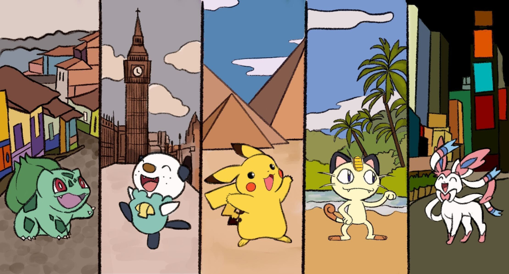 Illustration of Pokemon characters in different parts of the world.