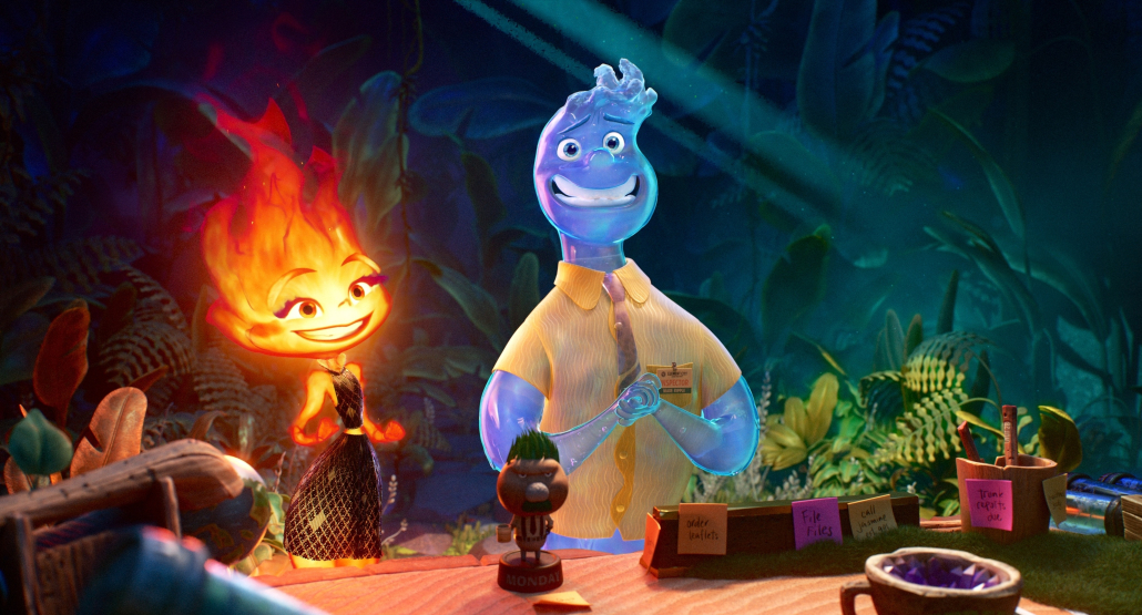 a cartoon character standing in front of a fire.