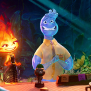 a cartoon character standing in front of a fire.