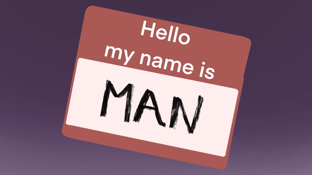 a red and white name tag that says 
"hello my name is man."