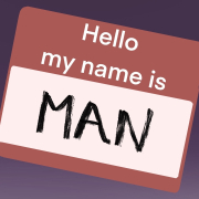 a red and white sign that says hello my name is man.