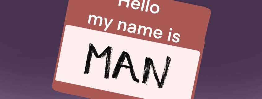 a red and white sign that says hello my name is man.