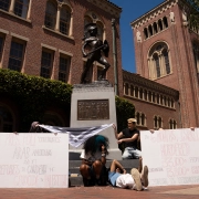 students protest at tommy trojan