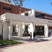 Shot of the main entrance to Taper Hall of Humanities
