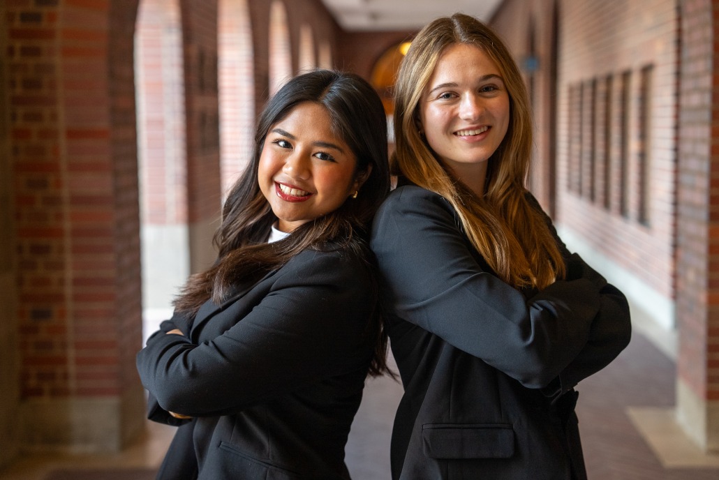 USG president-elect Mikaela Bautista and vice president-elect Emma Fallon posing in January.