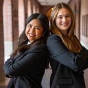 USG president-elect Mikaela Bautista and vice president-elect Emma Fallon posing in January.