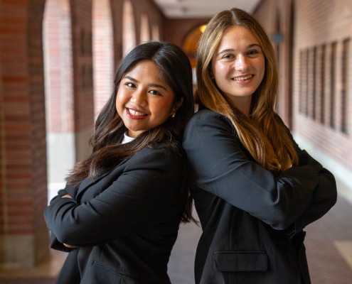 USG president-elect Mikaela Bautista and vice president-elect Emma Fallon posing in January.