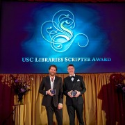 Joshua Zetumer and Peter Straughan hold their Scripter awards.