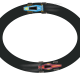 A red and blue car race around a circular track.