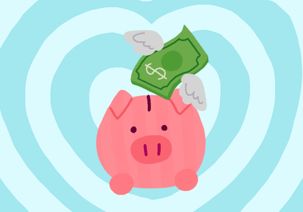 A drawing of a piggy bank with money flowing into it.