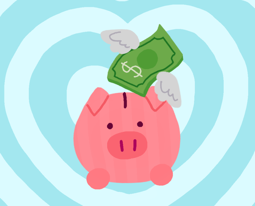 A drawing of a piggy bank with money flowing into it.