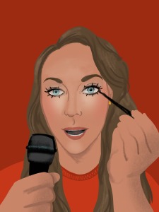 Suzanne Lambert applies makeup and speaks into a microphone.