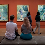 Visitors attending the "Gustave Caillebotte: Painting Men" exhibition at the Getty