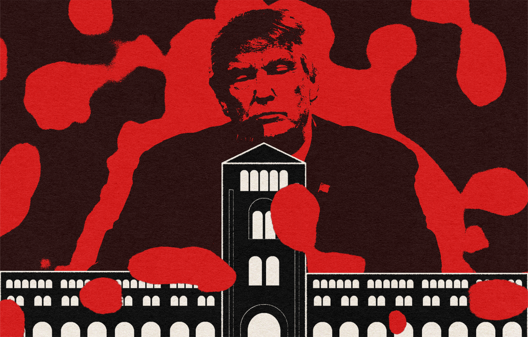 Donald Trump looms over a high education building