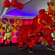 Two large dragons, one yellow and one red, dance atop a stage.