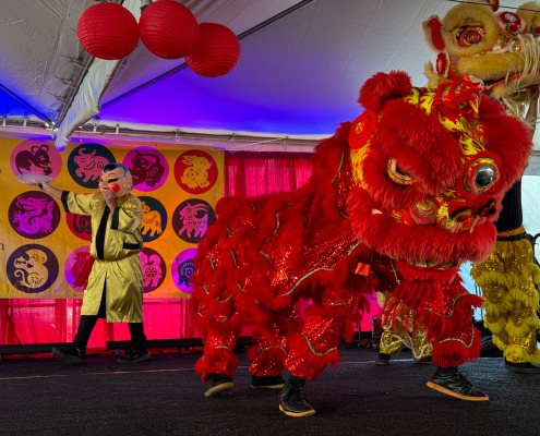 Two large dragons, one yellow and one red, dance atop a stage.