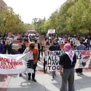 Protestors marched through USC Village.