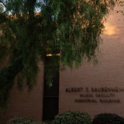 A tree covers the left side of the picture, which shows the Raubenheimer Music Faculty Memorial Building, part of the Thornton School of Music.