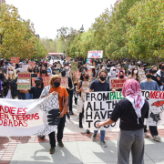 Protestors march at USC Village holding various signs. One sign reads "From Palestine to Mexico all the walls have got to go."