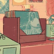 Drawing of a record player and a vinyl collection